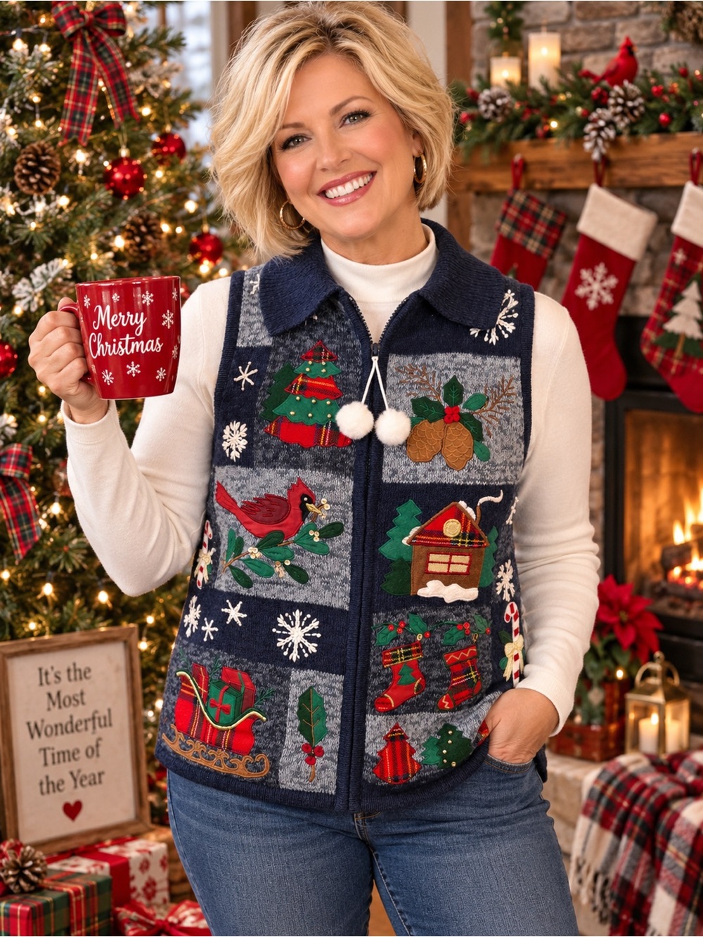 Vintage Ugly Blue Christmas Sweater Vest Tiara International Zip Woman’s Size L